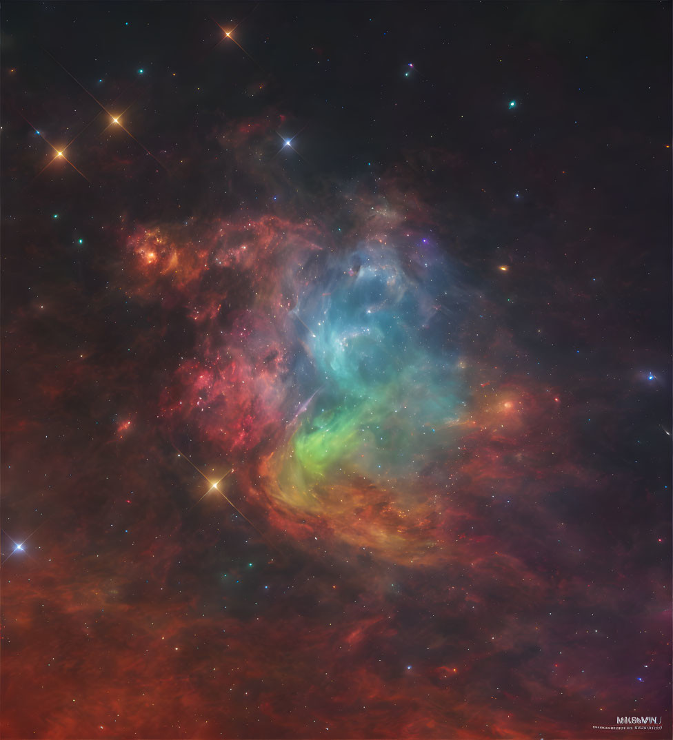 Vibrant swirling red, blue, and green nebula in starry space