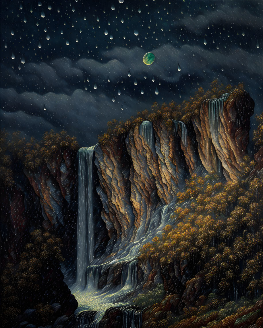 Nocturnal landscape with waterfall, cliffs, forests, starry sky, and green moon