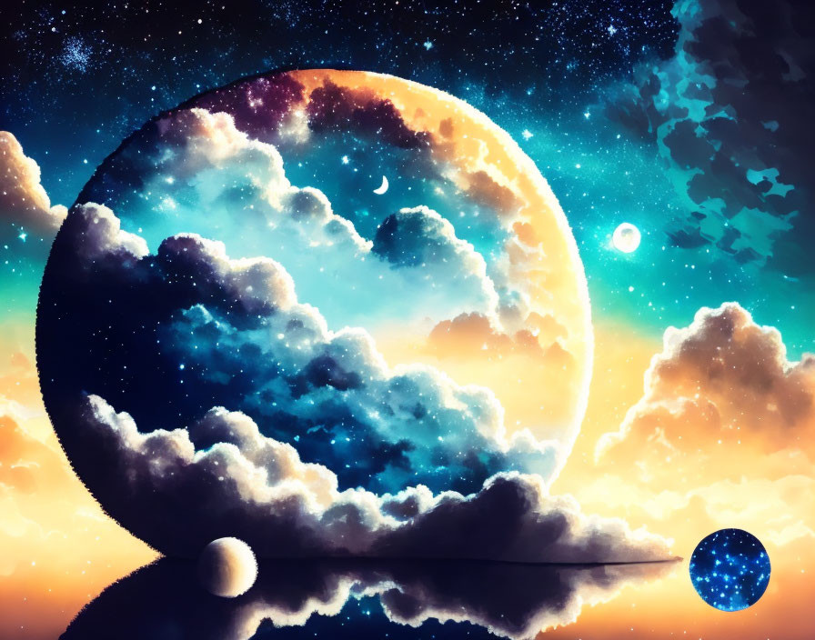 Colorful cosmic scene with cloud-patterned moon and starry sky