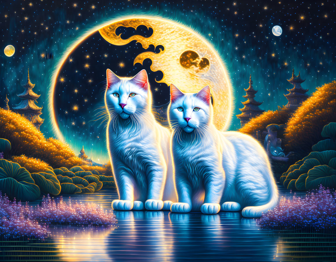 Two White Cats with Blue Eyes in Surreal Moonlit Landscape