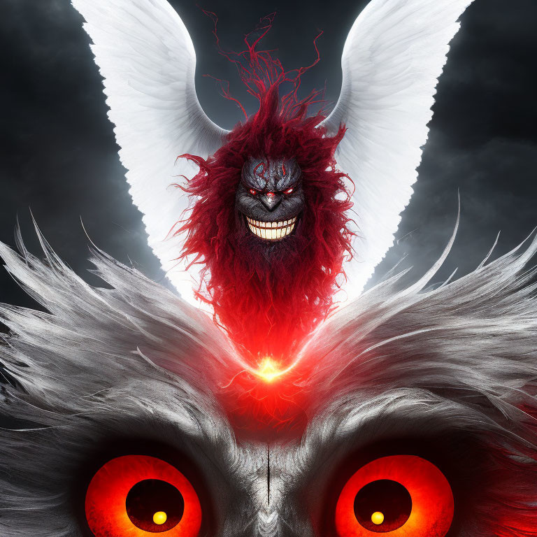 Fantasy creature with red face, glowing eyes, sharp teeth, white horns, and feathers.