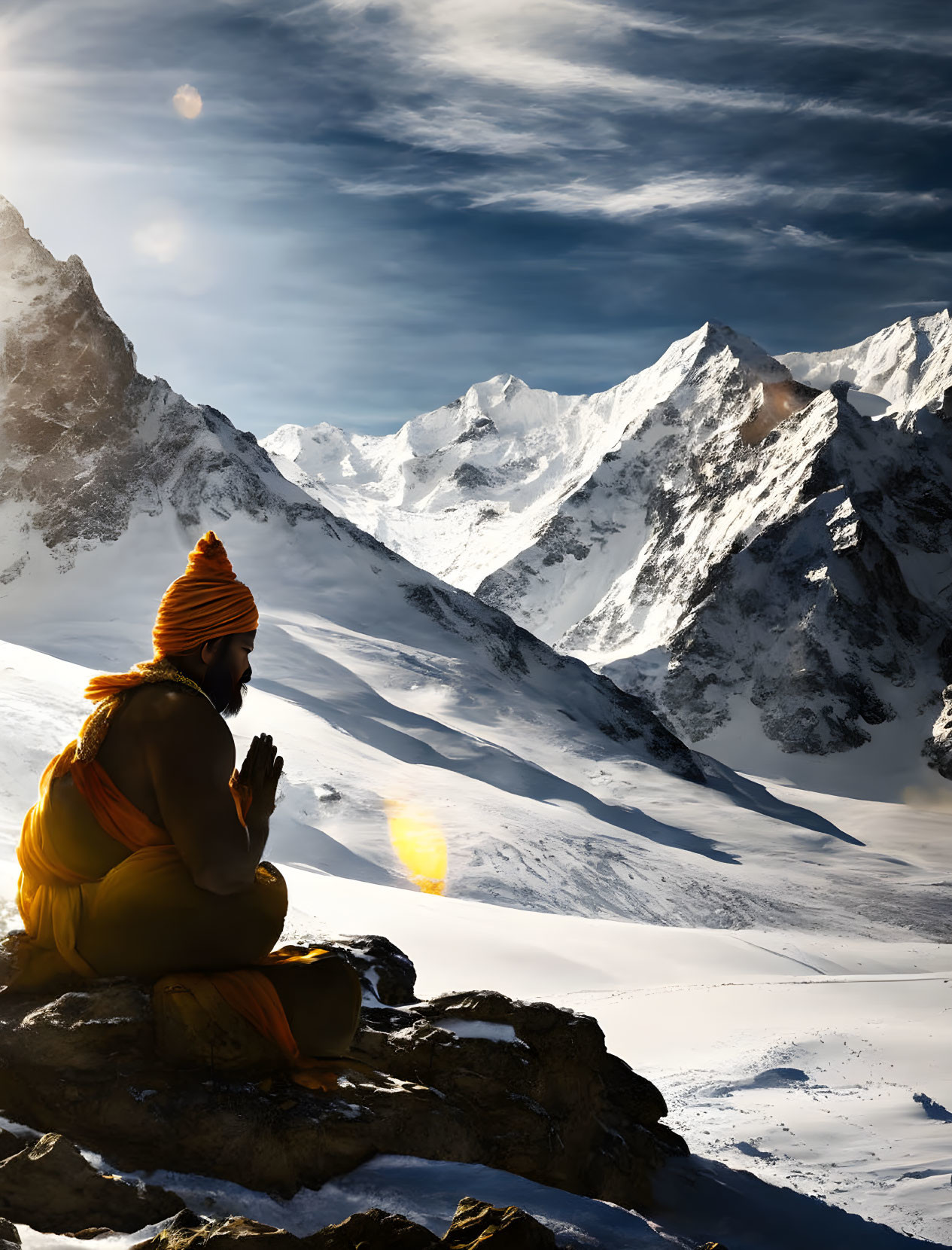 Person meditating in orange robes on rock in snowy mountains under clear sky at sunset