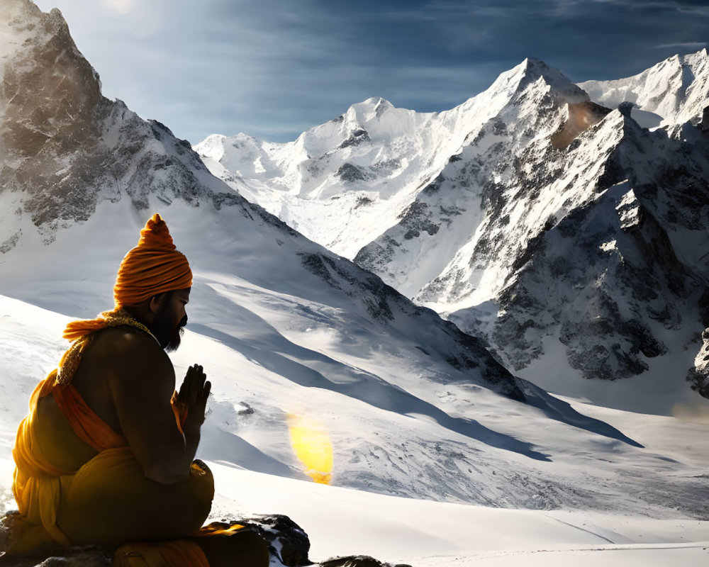 Person meditating in orange robes on rock in snowy mountains under clear sky at sunset