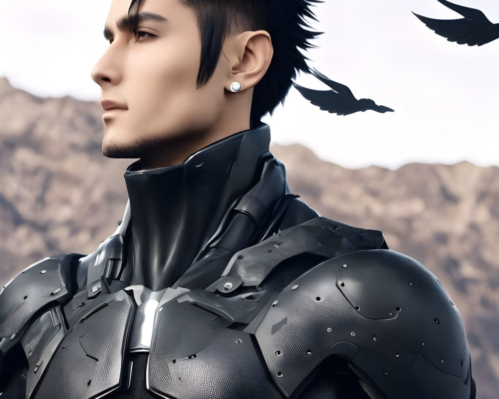 Digital artwork of man with spiky hair in armor, mountainous backdrop, flying birds