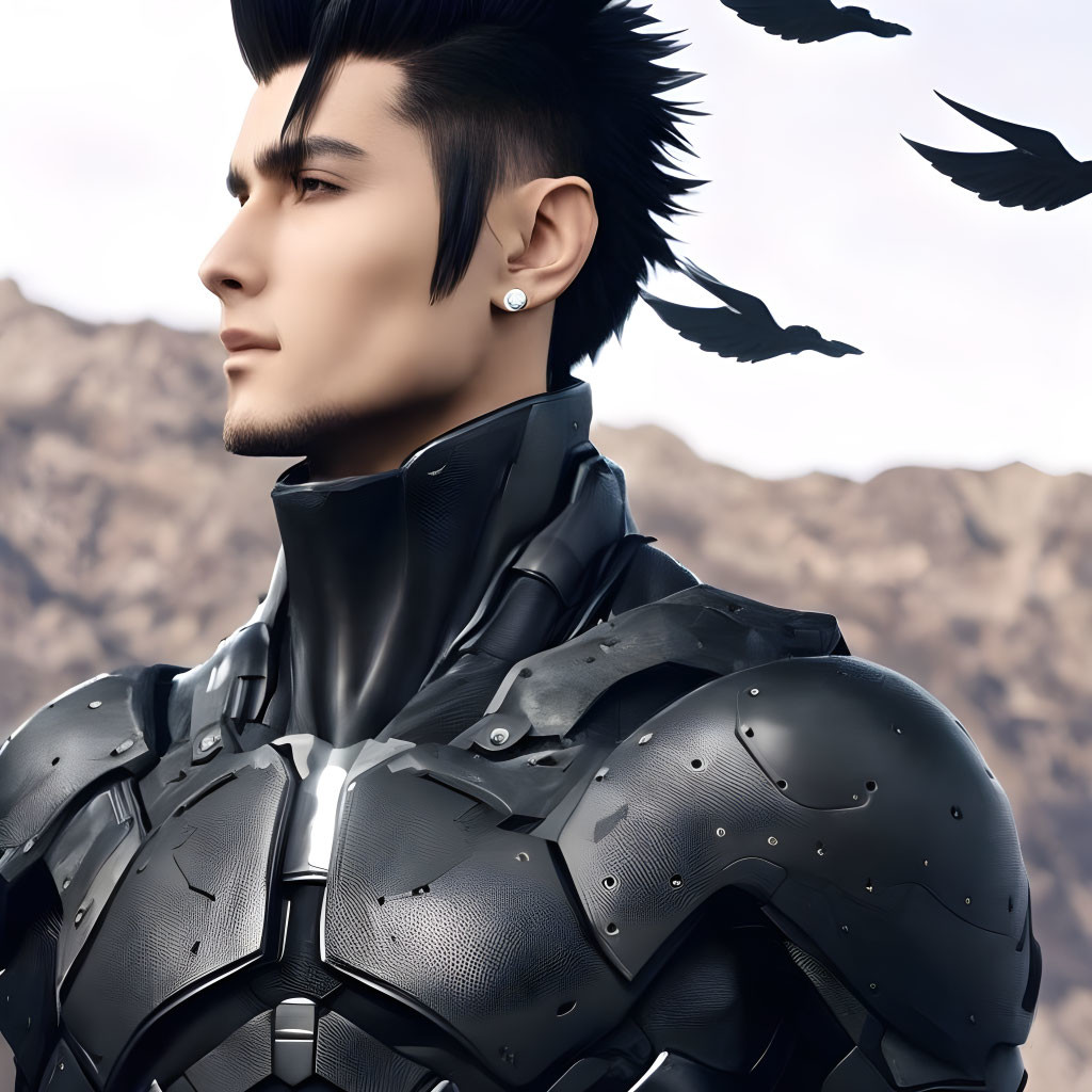 Digital artwork of man with spiky hair in armor, mountainous backdrop, flying birds