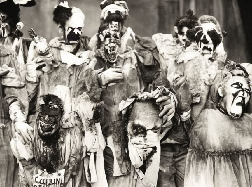 Group of people in frightening clown makeup and masks in chaotic pose