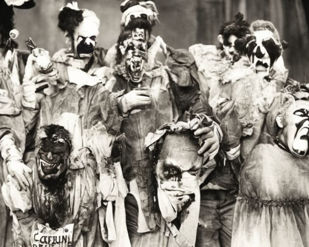 Group of people in frightening clown makeup and masks in chaotic pose