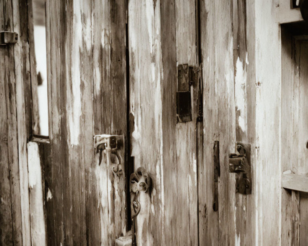 Sepia Tone Weathered Wooden Doors with Metal Latches and Padlocks