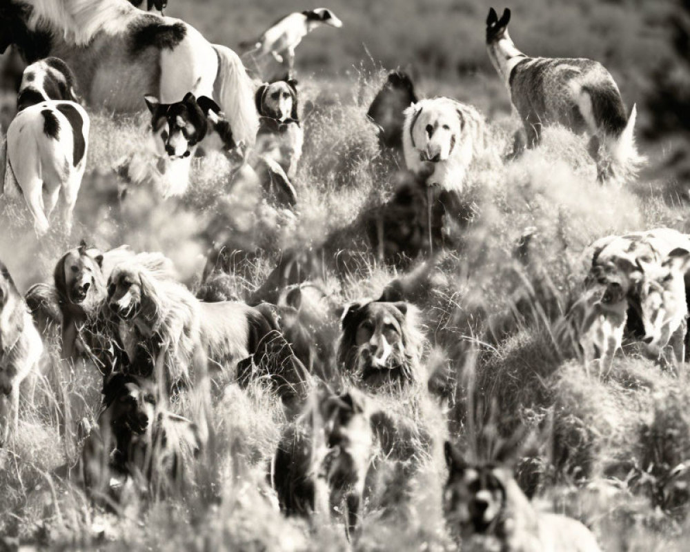 Monochrome image: Dogs of different breeds happily running in grassy field