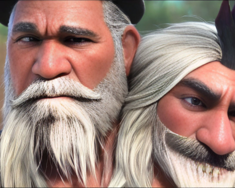 Detailed facial hair on two animated male characters with expressive eyes: one with white hair and the other sporting