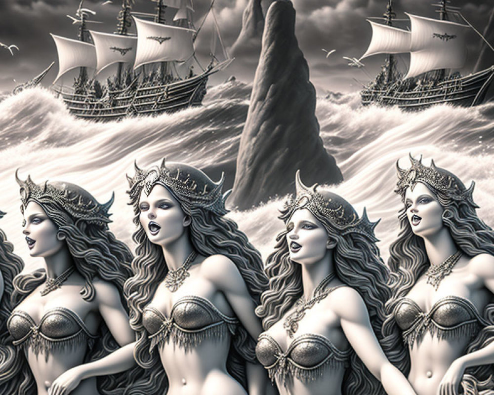 Mythical mermaid figures in ocean waters with ships and rock formations