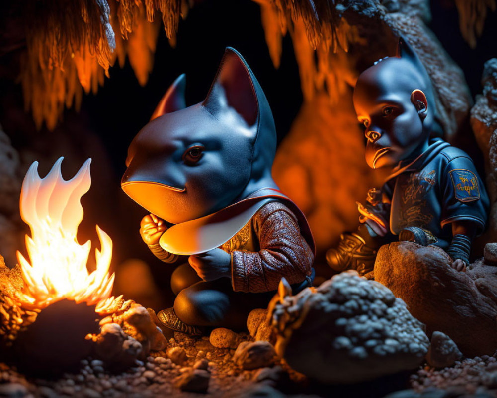 Stylized bat and human figurines by small cave fire