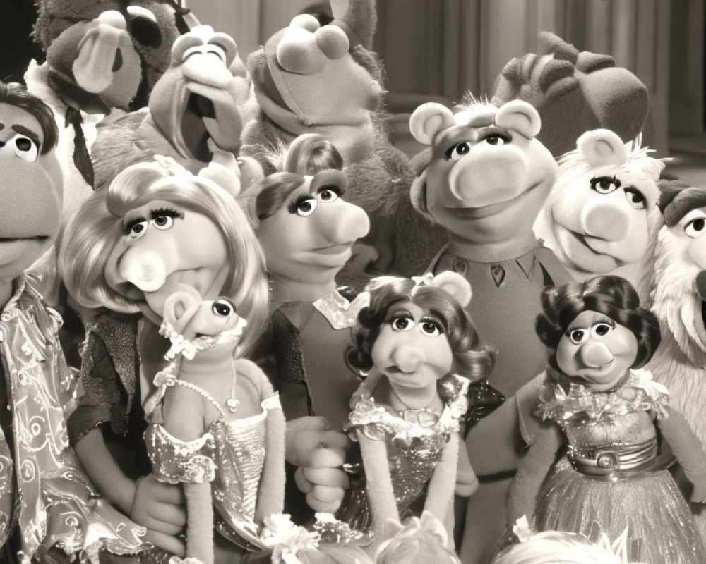 Monochrome group portrait of Muppet characters with Kermit and Miss Piggy in focus