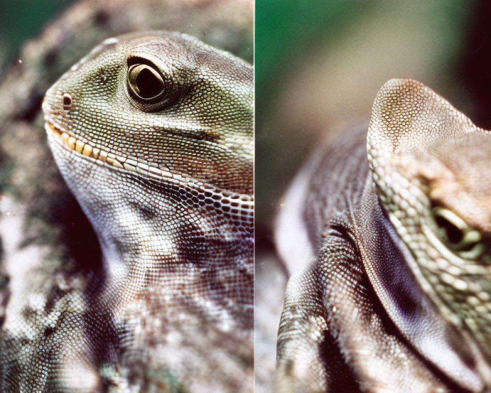 Close-up Diptych of Lizard: Eye, Head, and Textured Skin Detail