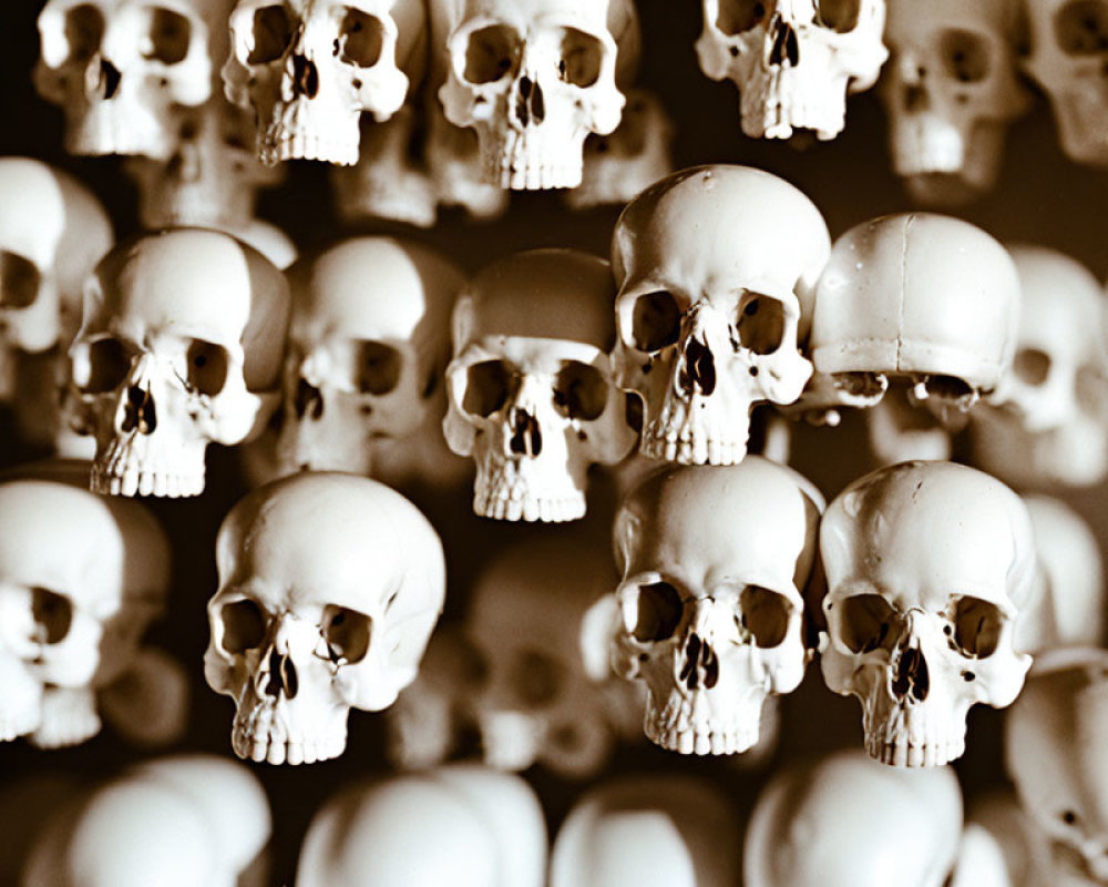 Arrangement of small human skull replicas with shallow depth of field