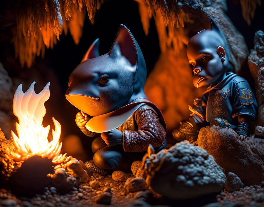 Stylized bat and human figurines by small cave fire