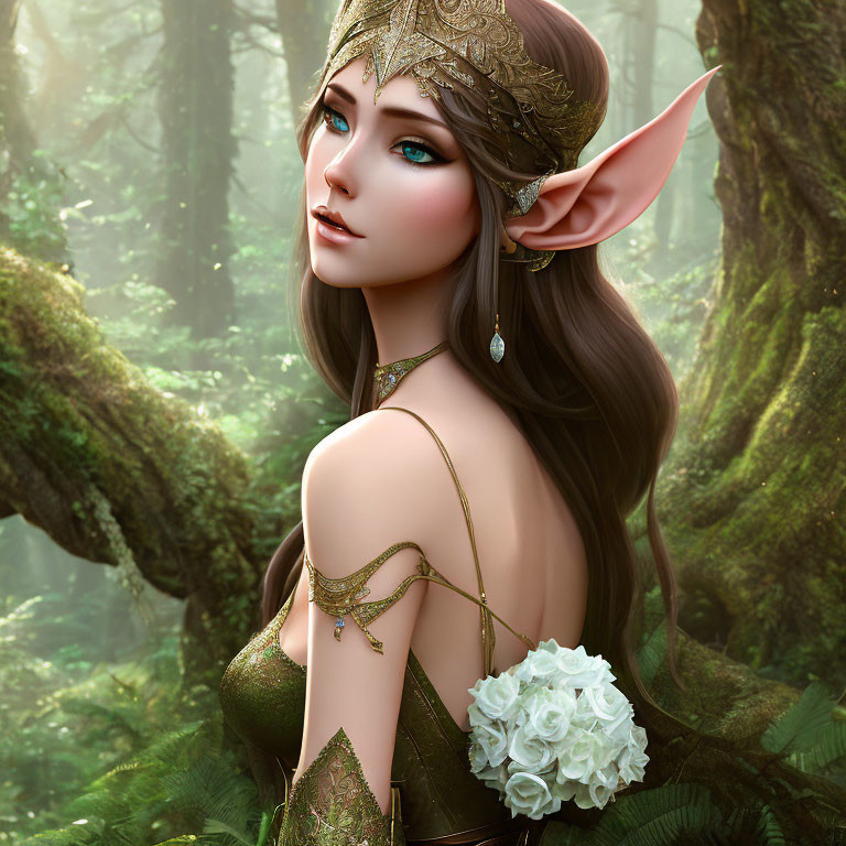 Fantasy elf with gold tiara and white flower bouquet in misty forest