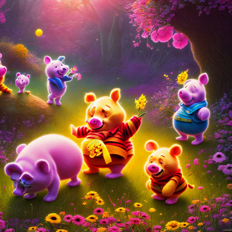 Whimsical Winnie the Pooh and friends in magical forest