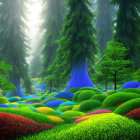 Colorful Foggy Forest with Large Trees and Spherical Bushes