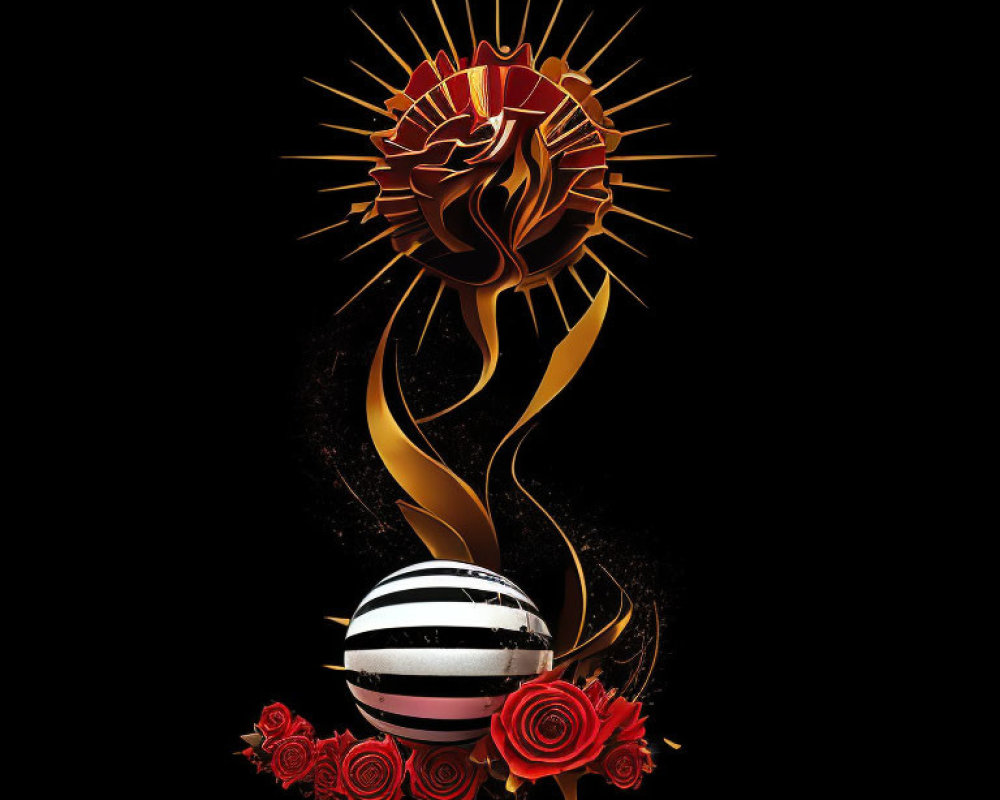 Stylized graphic of raised fist, sun rays, ribbon, planet, and roses on black background