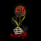 Stylized graphic of raised fist, sun rays, ribbon, planet, and roses on black background