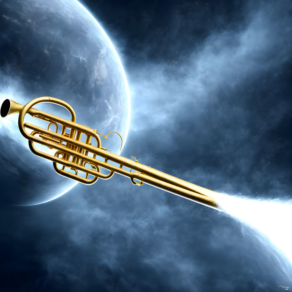 Golden trumpet floating in space with moon and planet in background among nebulous clouds.