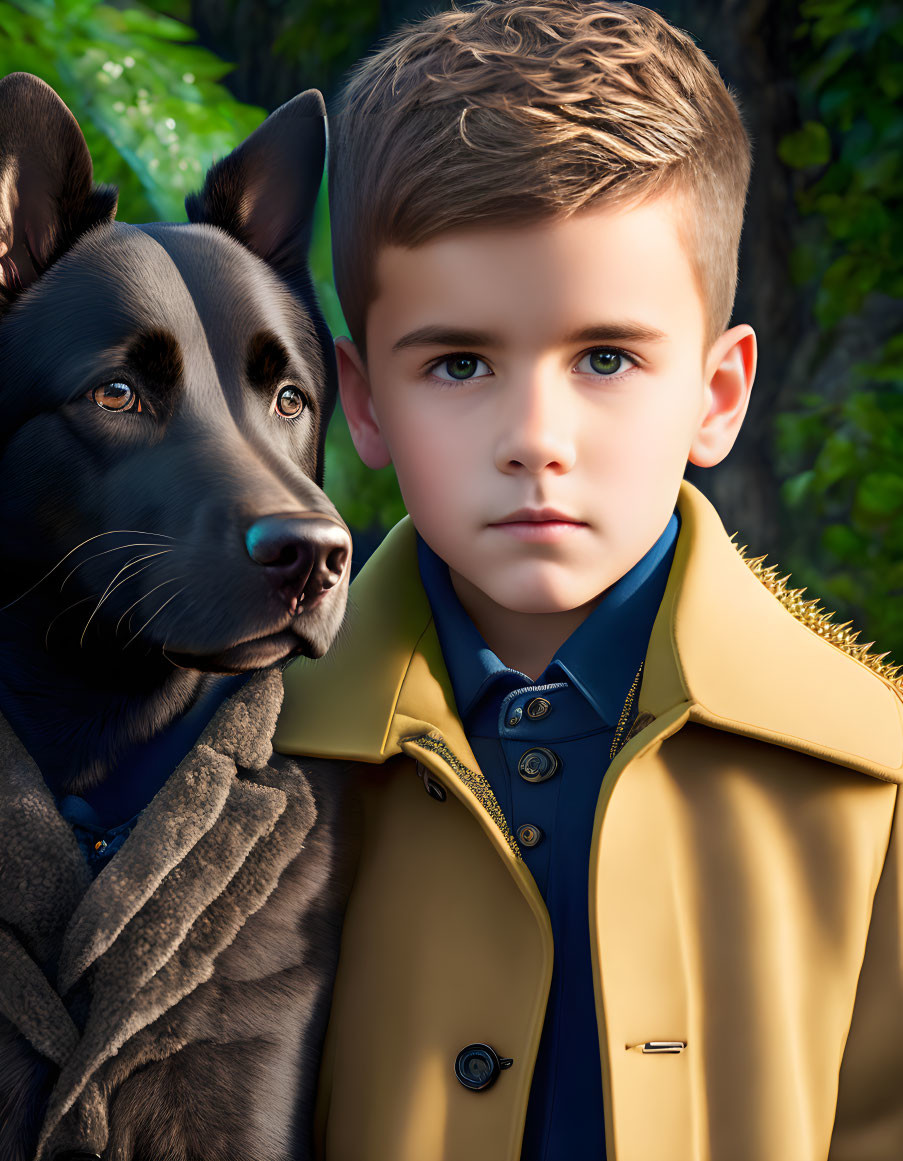 Young boy in yellow jacket with black dog in lush green setting