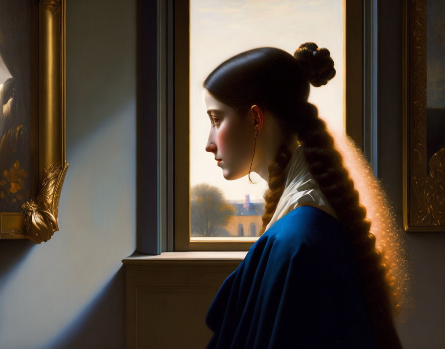 Profile of Woman Looking Out Window with Sunlight Glow and Braided Ponytail in Blue Garment