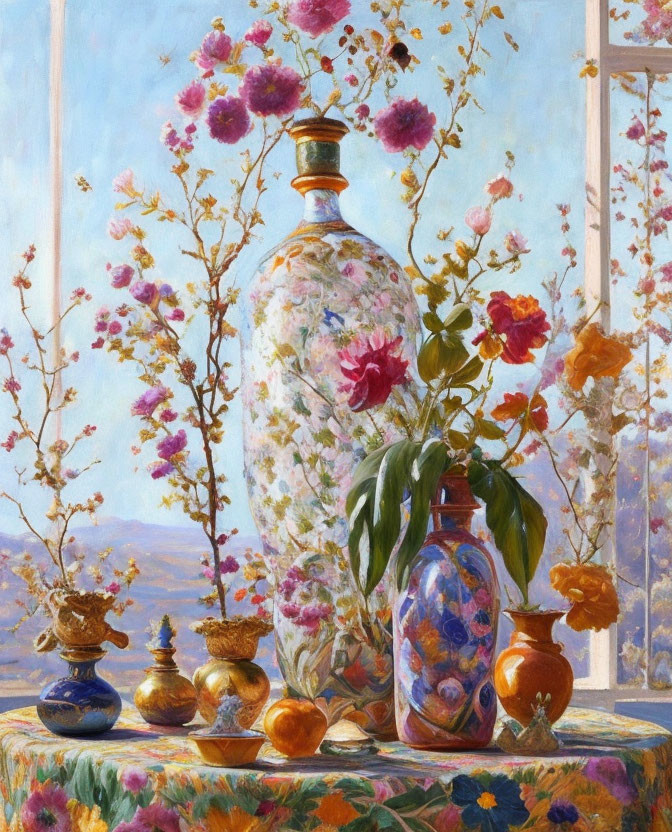 Colorful still-life painting with ornate vases and flowers on a table, window backdrop.