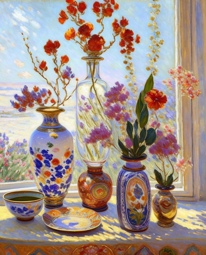 Colorful painting of ornate vases with blooming flowers on sunlit table by window.