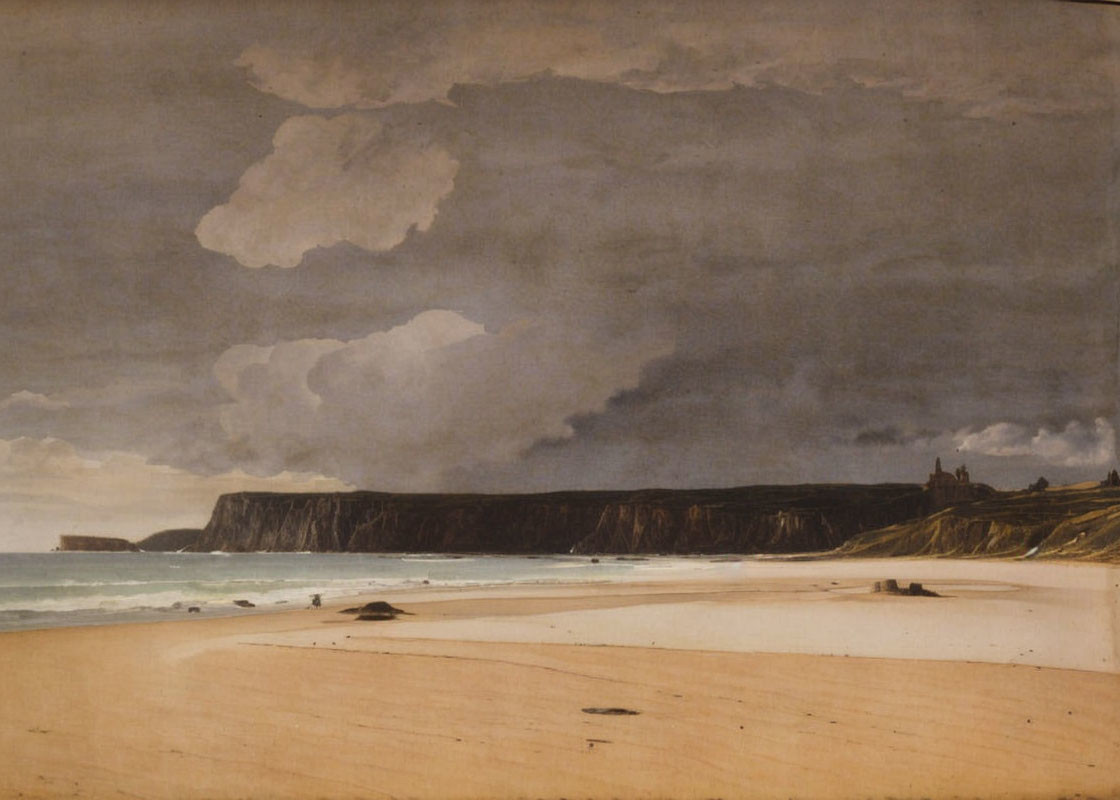 Scenic beach painting with cliffs and cloudy sky