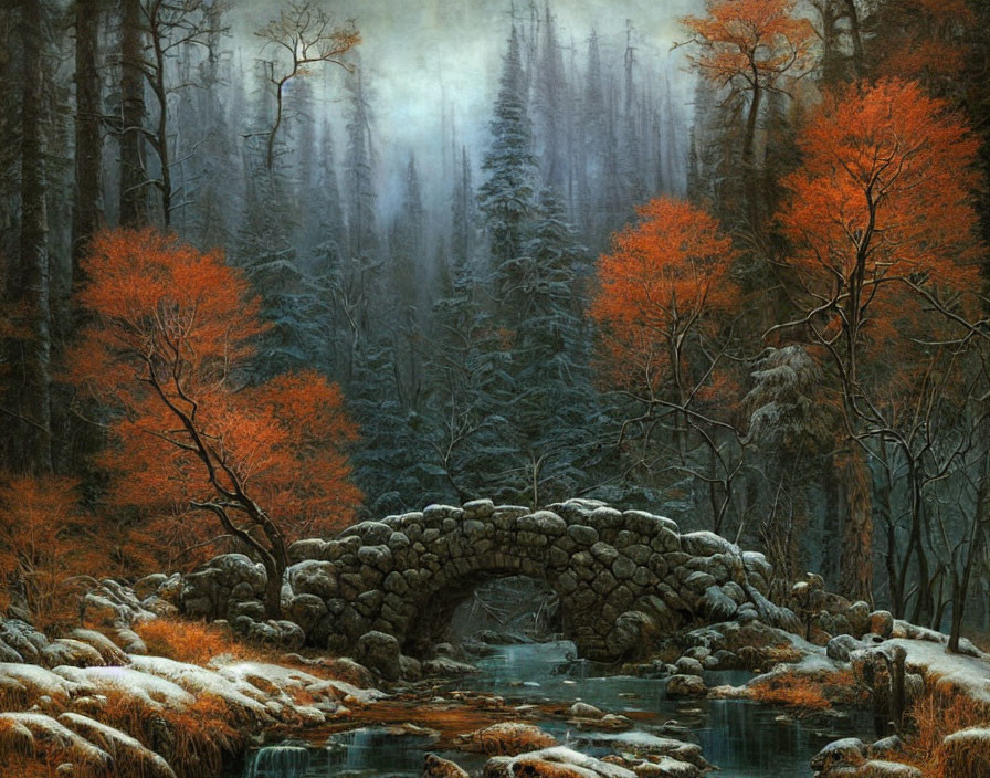 Snow-covered stone bridge in serene forest setting with red-leaved trees and foggy evergreens.