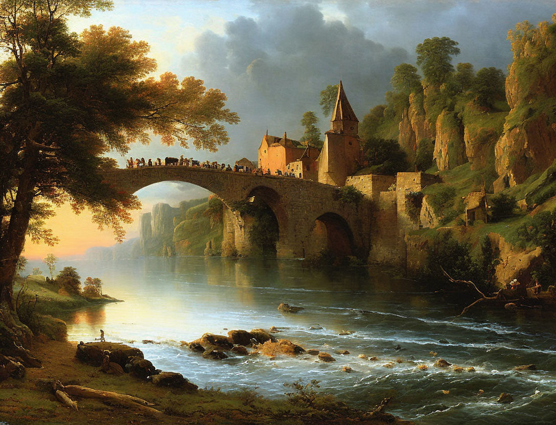 Medieval stone bridge painting with castle, river, trees, and people