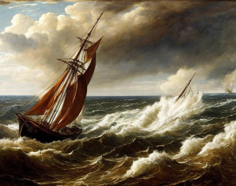 Maritime oil painting of ships sailing through stormy seas