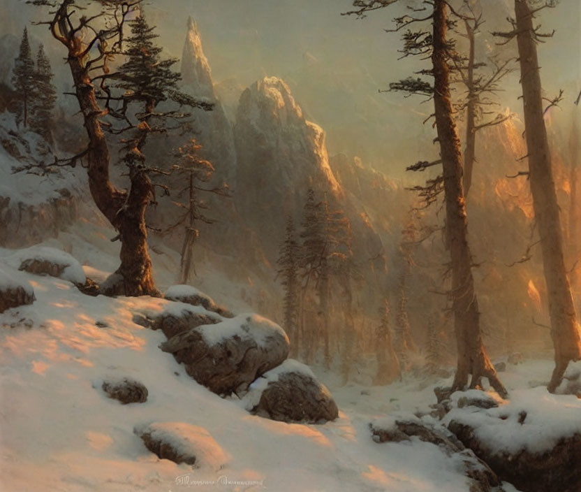 Snowy Sunset Landscape: Mountains, Trees, Rocks