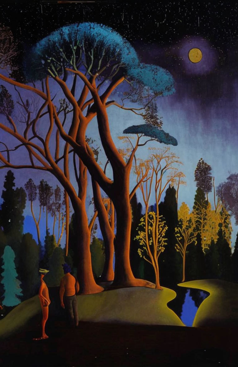 Surreal painting of twisted tree, moonlit sky, and silhouetted figures