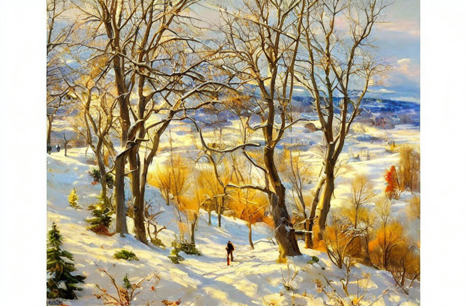 Solitary figure in snowy landscape with bare trees at sunset