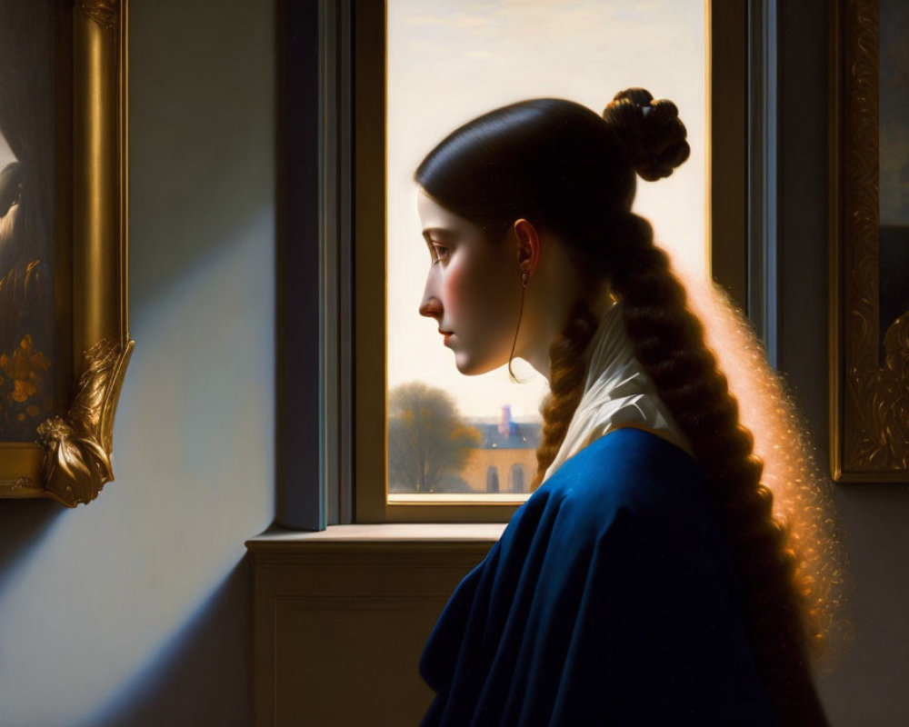 Profile of Woman Looking Out Window with Sunlight Glow and Braided Ponytail in Blue Garment