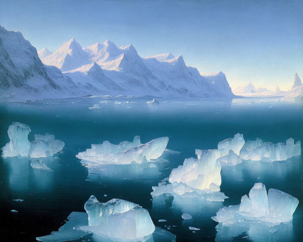 Tranquil Arctic landscape with icebergs, calm waters, and mountain range