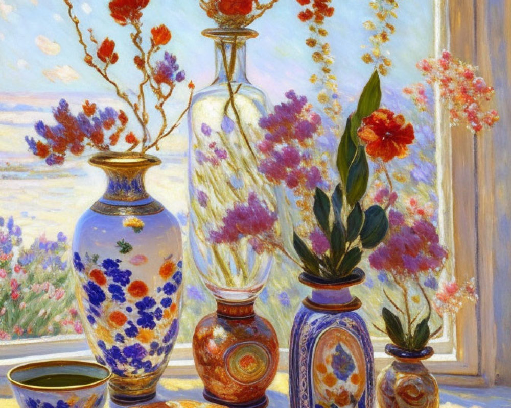 Colorful painting of ornate vases with blooming flowers on sunlit table by window.