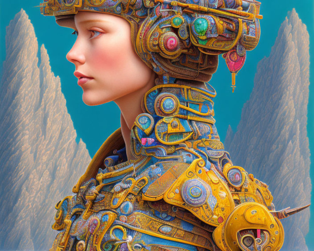 Detailed Steampunk Woman Artwork with Mechanical Headdress