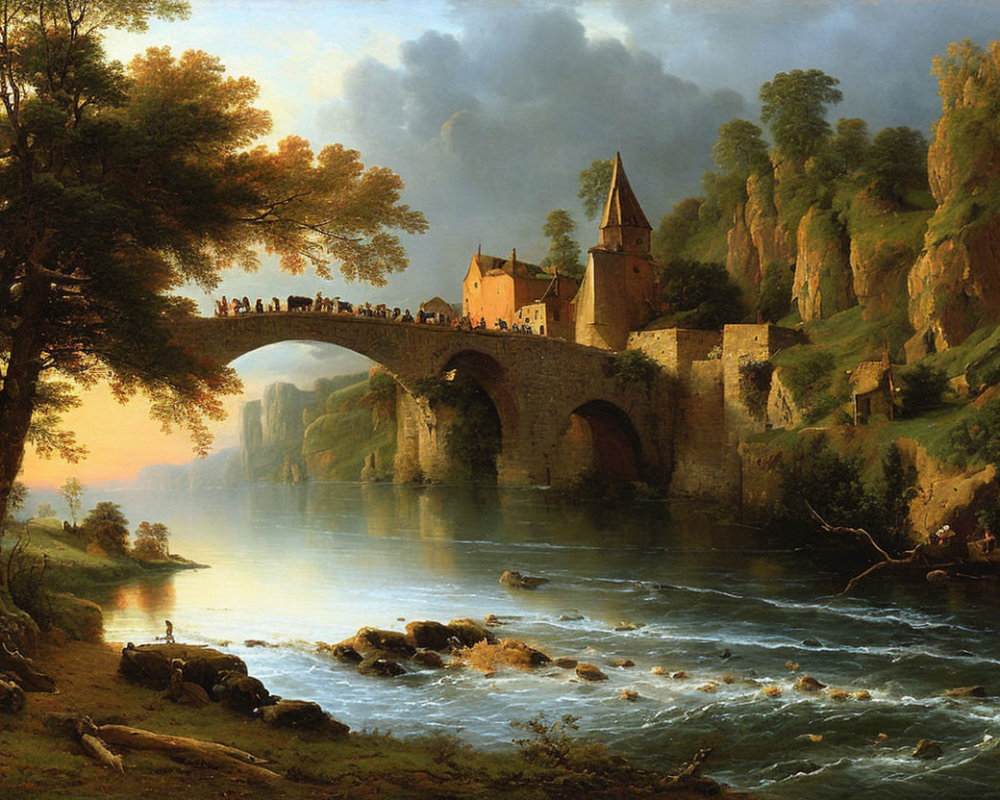 Medieval stone bridge painting with castle, river, trees, and people