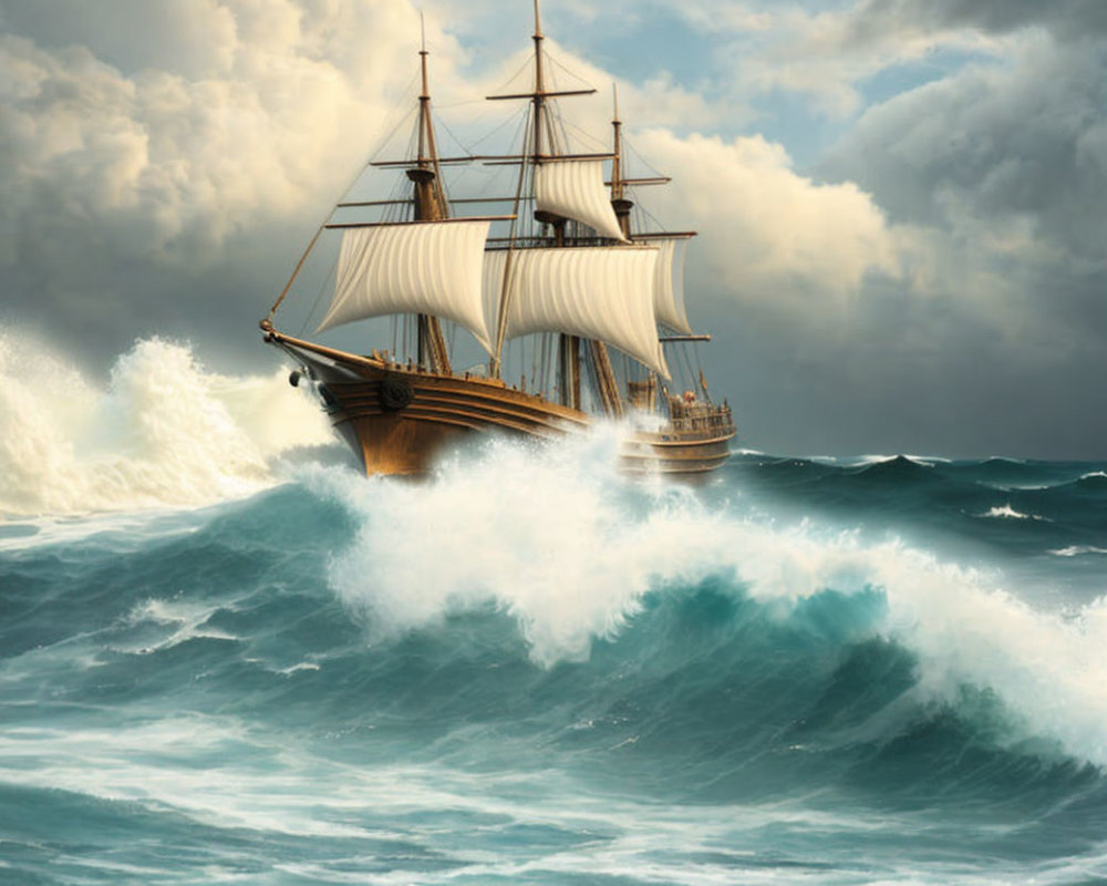 Tall ship with full sails navigating stormy ocean waves