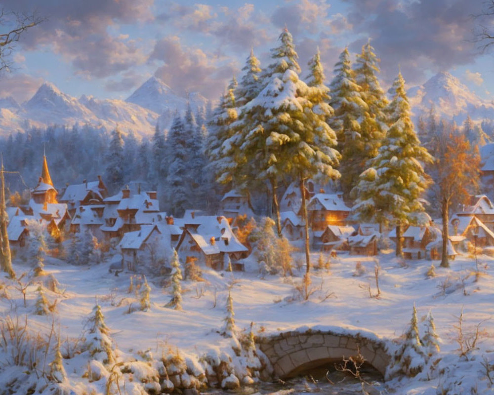 Scenic snow-covered village with pine trees, cozy cottages, stone bridge, and mountains at golden