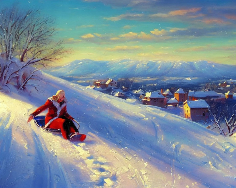 Person in red winter clothing sleds down snowy hill at sunset