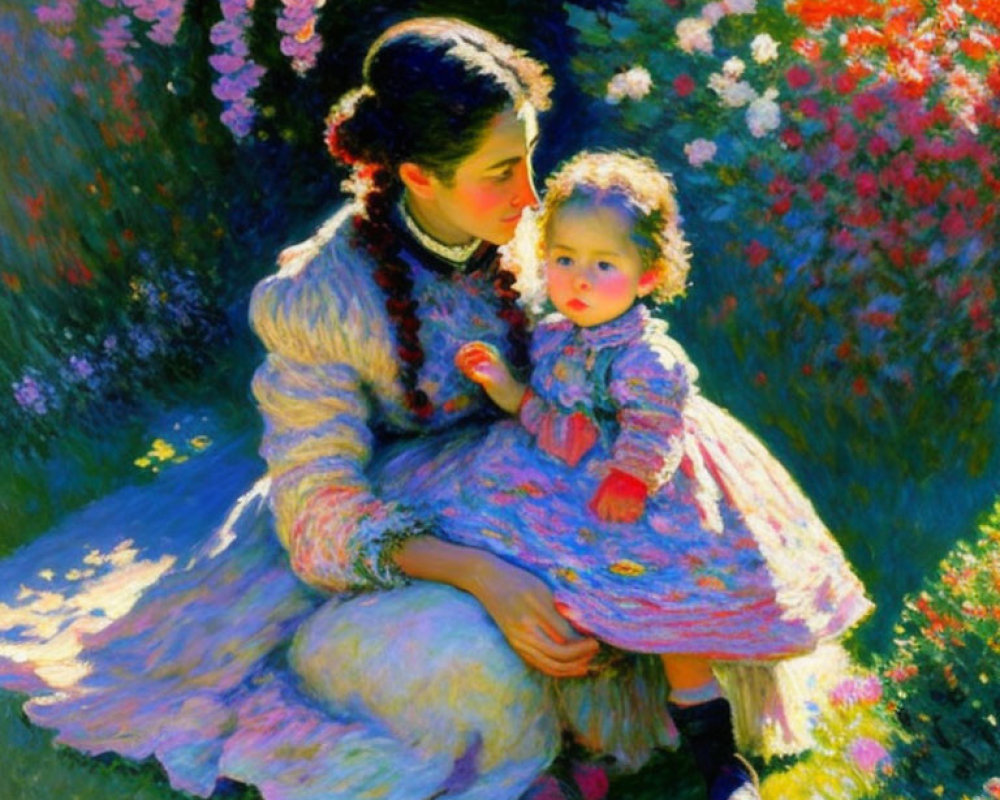 Vibrant painting of woman and child surrounded by colorful flowers