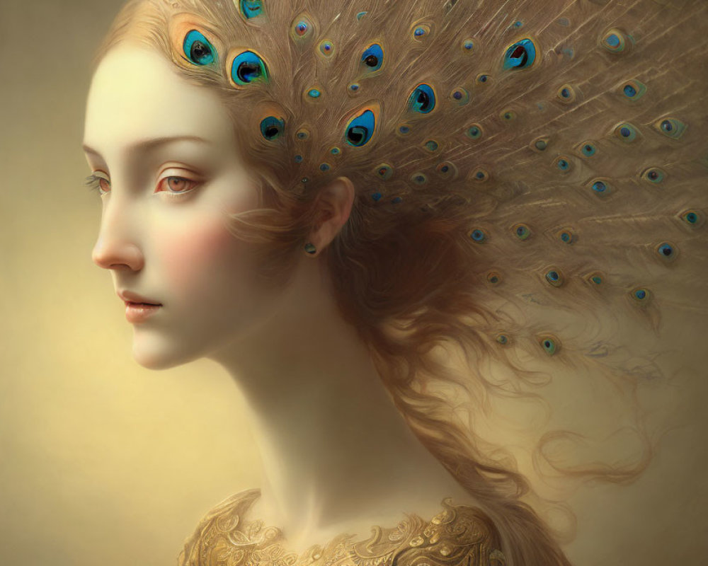 Profile of woman with peacock feather hair decoration in digital art