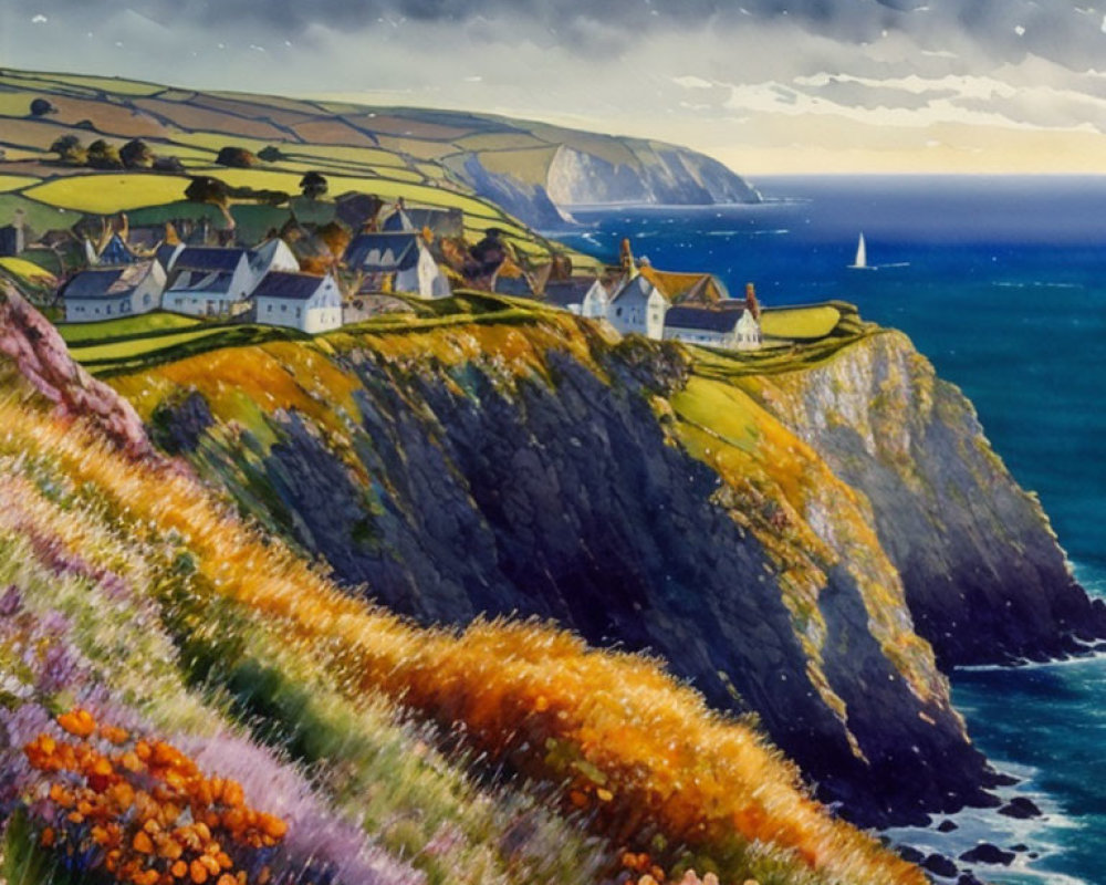 Cliffside coastal village with sailboat and ocean view