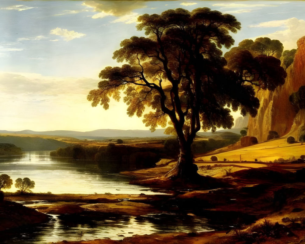 Tranquil landscape painting with tree, river, cliffs, and mountains