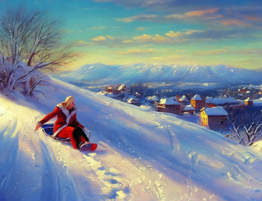 Person in red winter clothing sleds down snowy hill at sunset